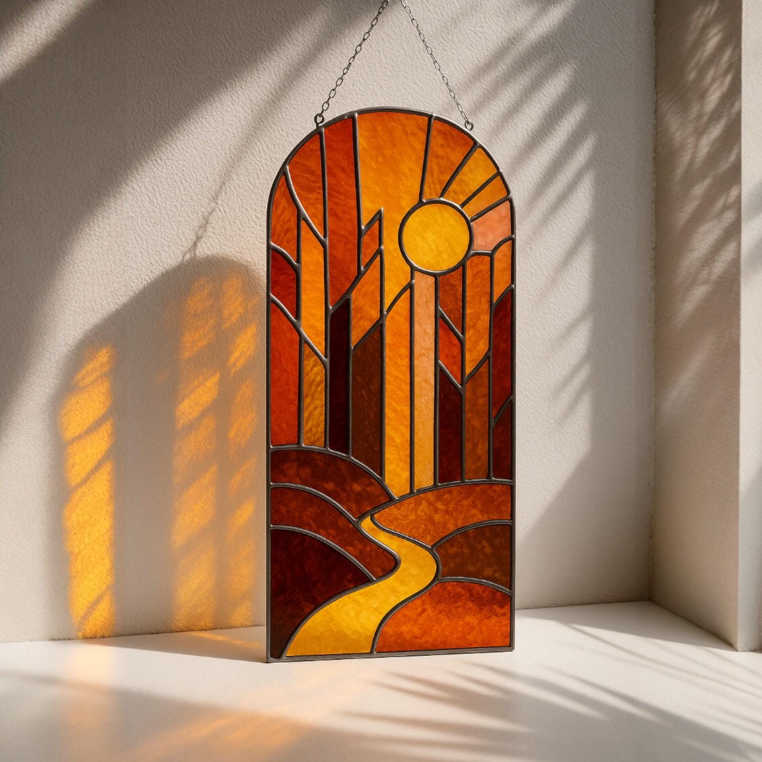Arched Stained Glass Suncatcher: Rainbow Waves Window Decor