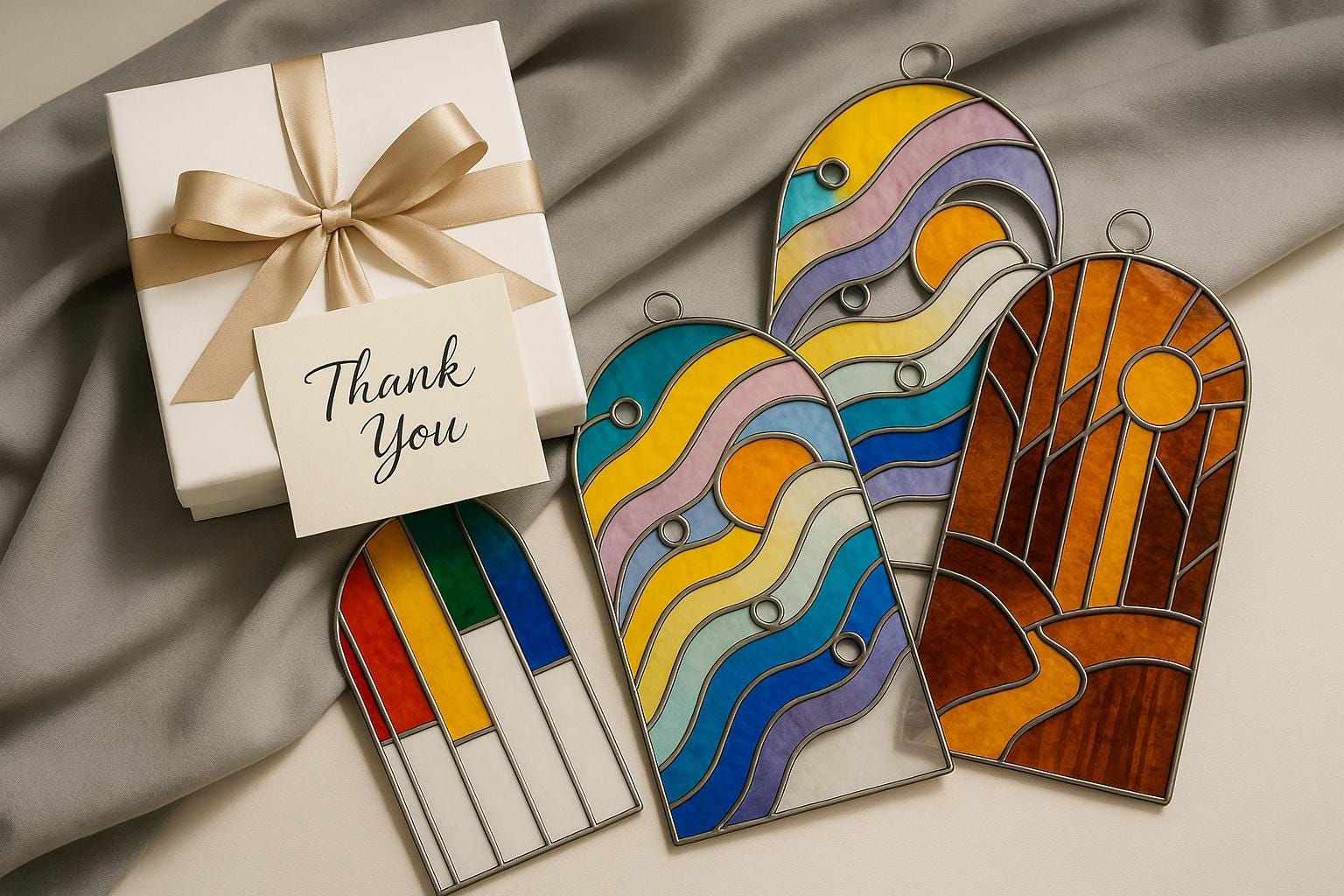 Arched Stained Glass Suncatcher: Rainbow Waves Window Decor