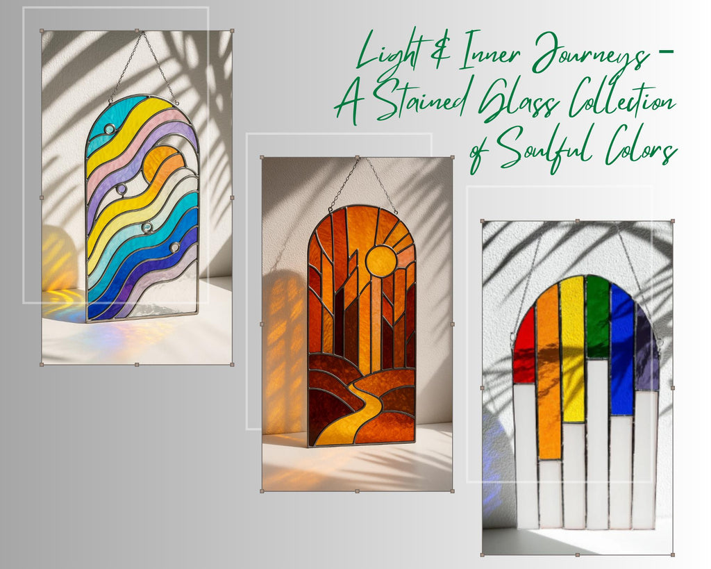Arched Stained Glass Suncatcher: Rainbow Waves Window Decor