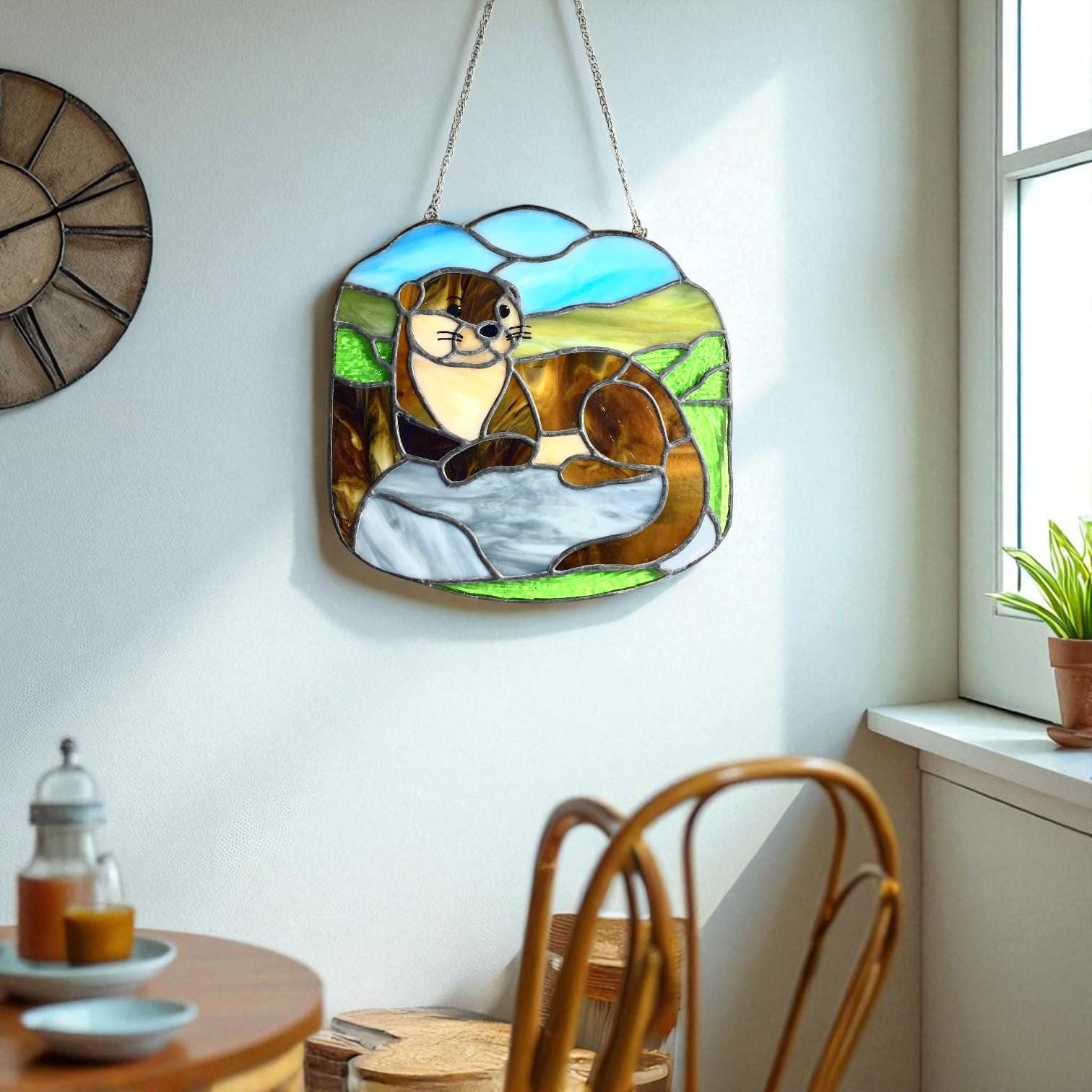 Stained Glass Otter Suncatcher: Handmade Window Hanging Art