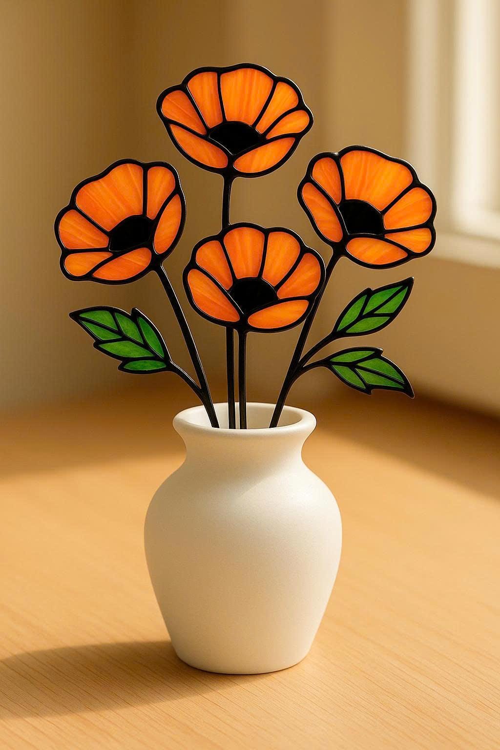 Stained Glass Poppy Bouquet: Handmade Floral Window Decor