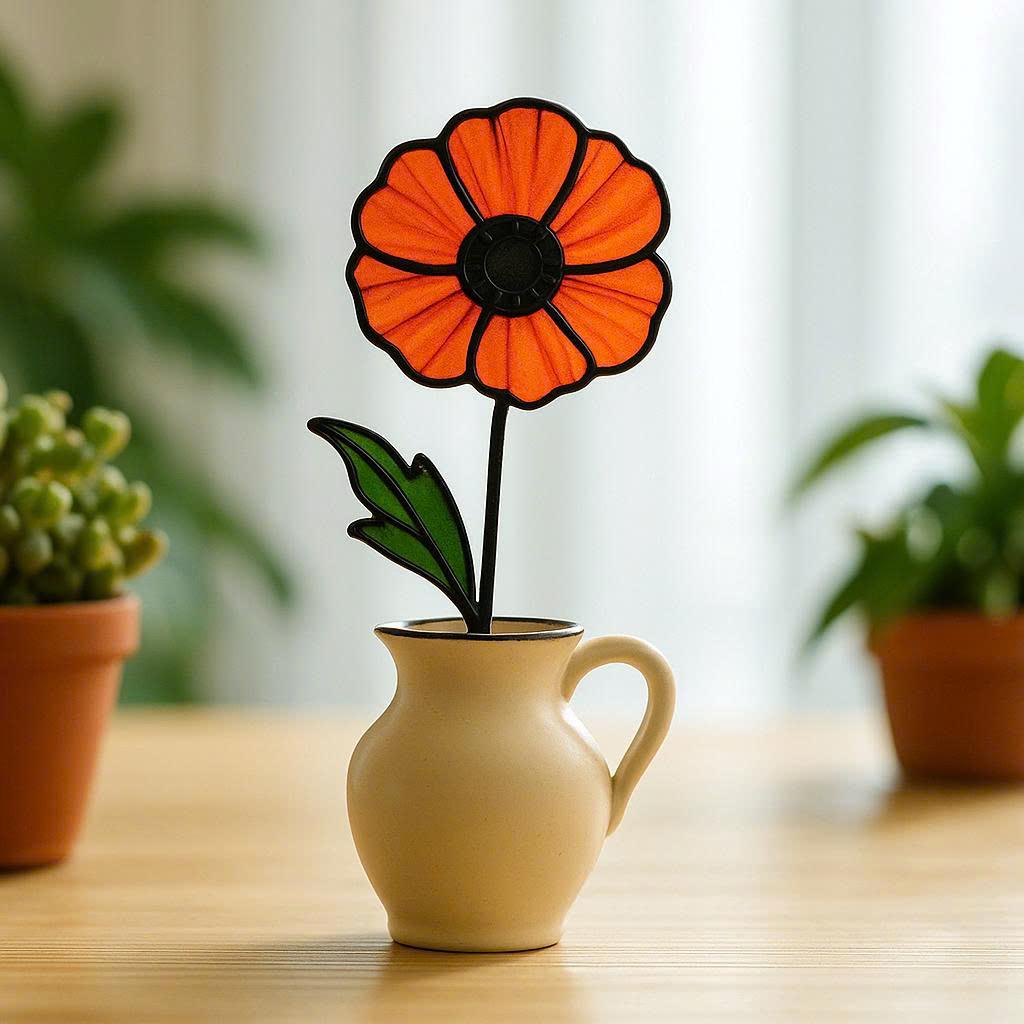 Stained Glass Poppy Bouquet: Handmade Floral Arrangement in Ceramic Pitcher