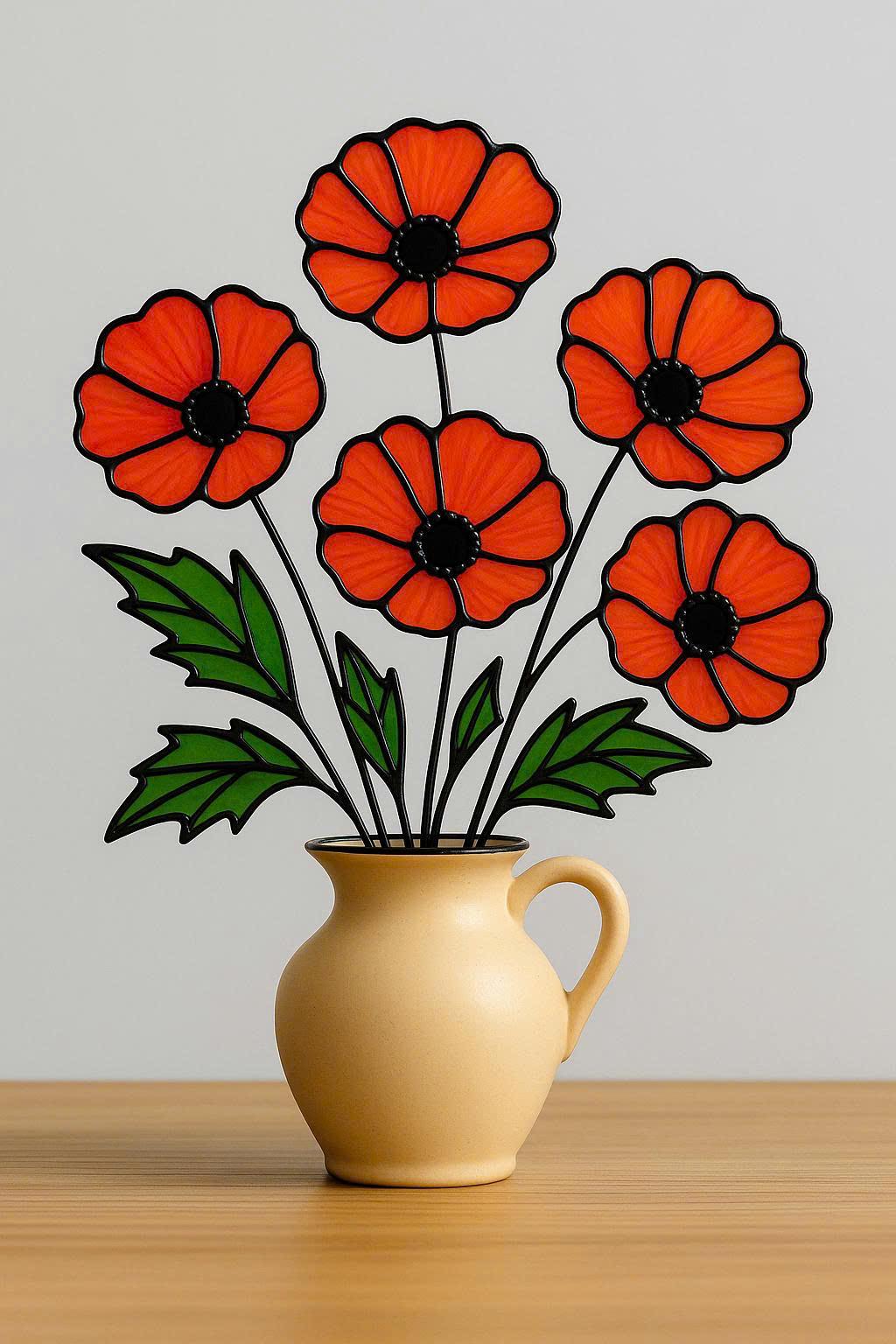 Stained Glass Poppy Bouquet: Handmade Floral Arrangement in Ceramic Pitcher