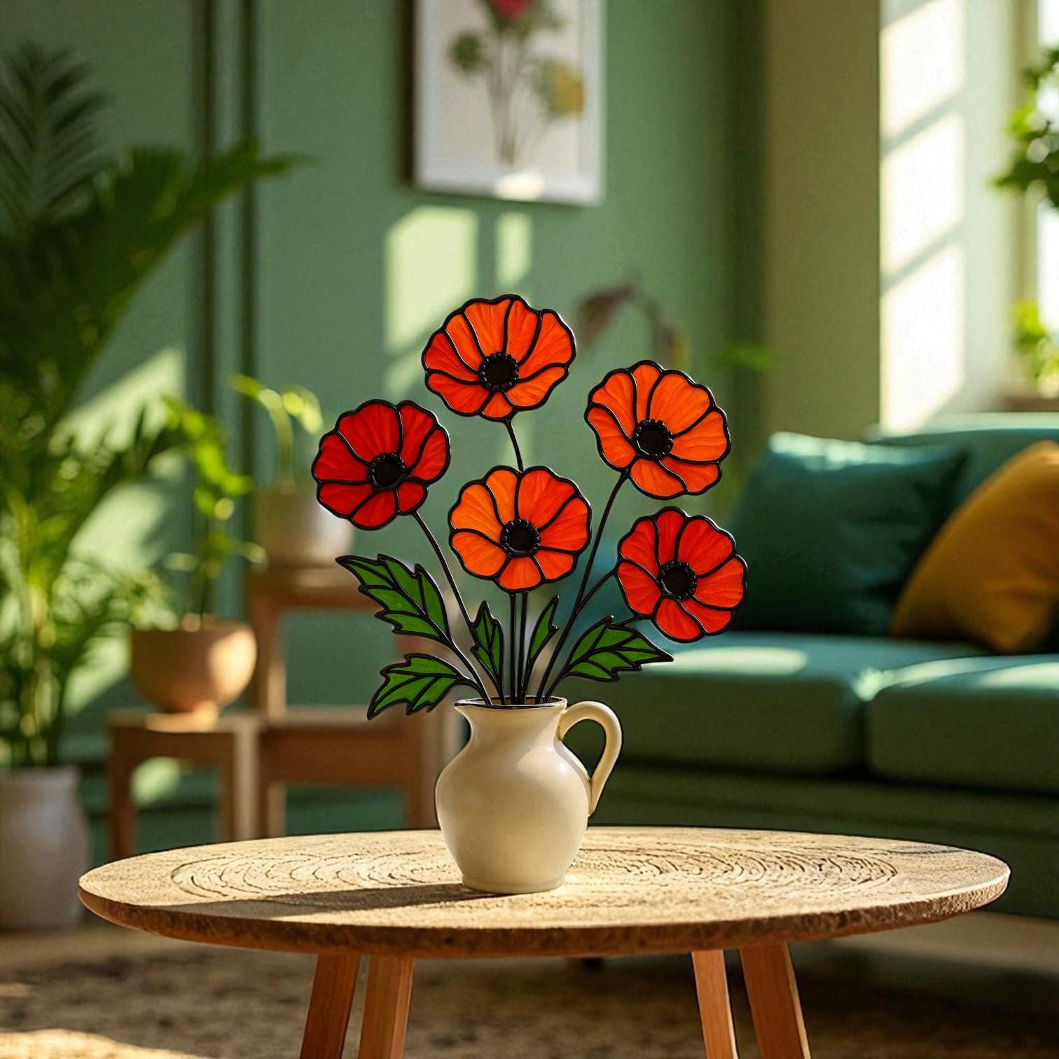 Stained Glass Poppy Bouquet: Handmade Floral Arrangement in Ceramic Pitcher