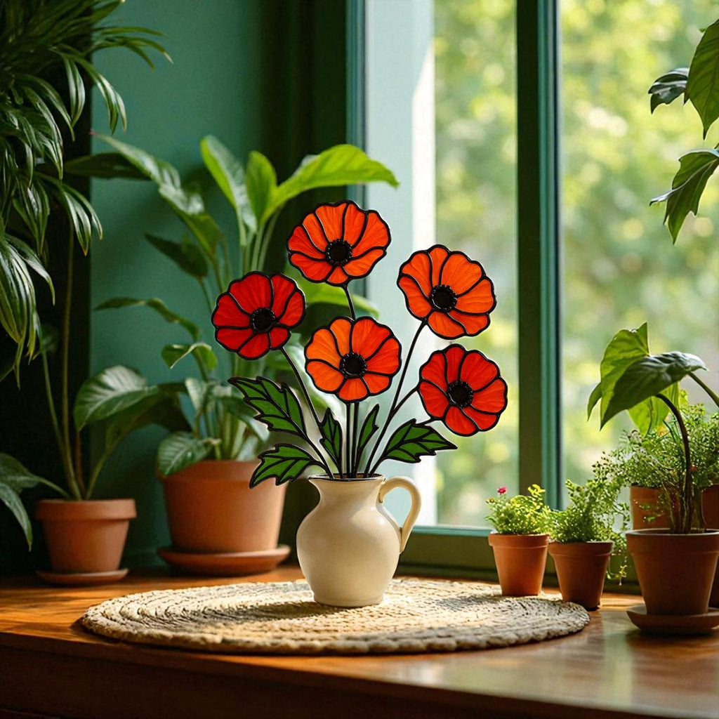 Stained Glass Poppy Bouquet: Handmade Floral Arrangement in Ceramic Pitcher