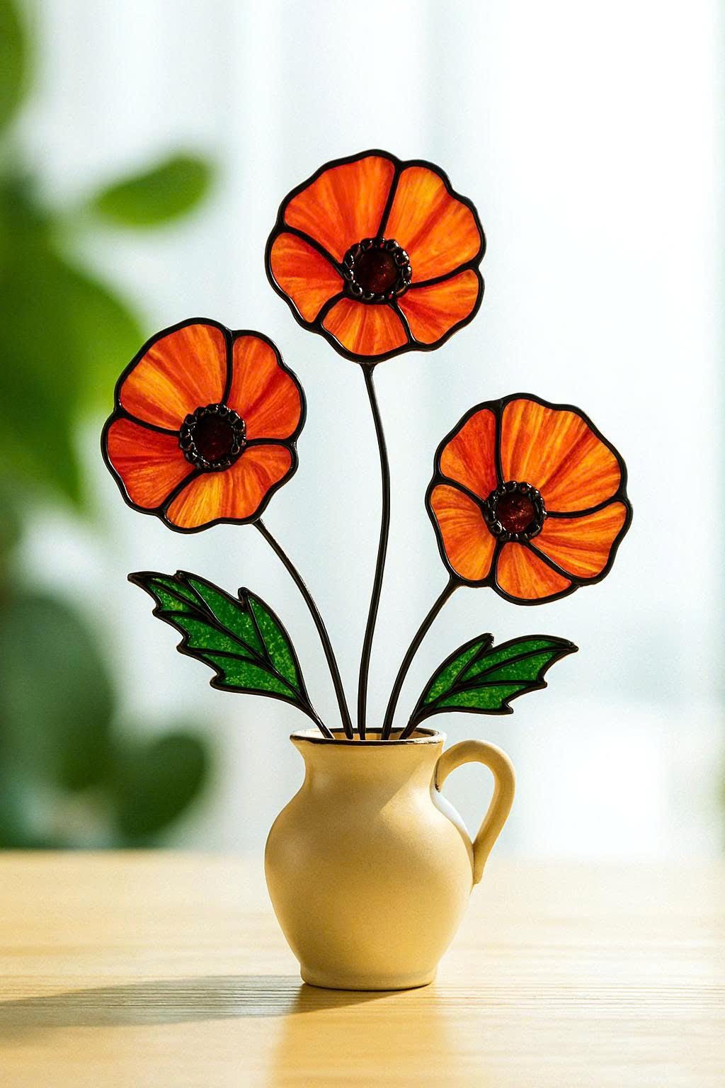 Stained Glass Poppy Bouquet: Handmade Floral Arrangement in Ceramic Pitcher