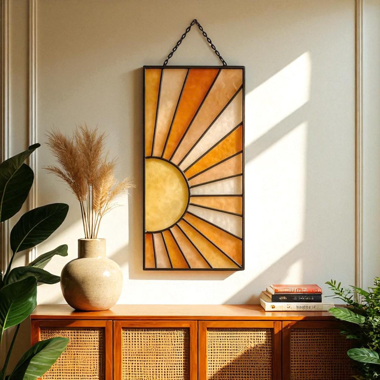 Boho Stained Glass Suncatcher: Geometric Wall Hanging, Retro Decor