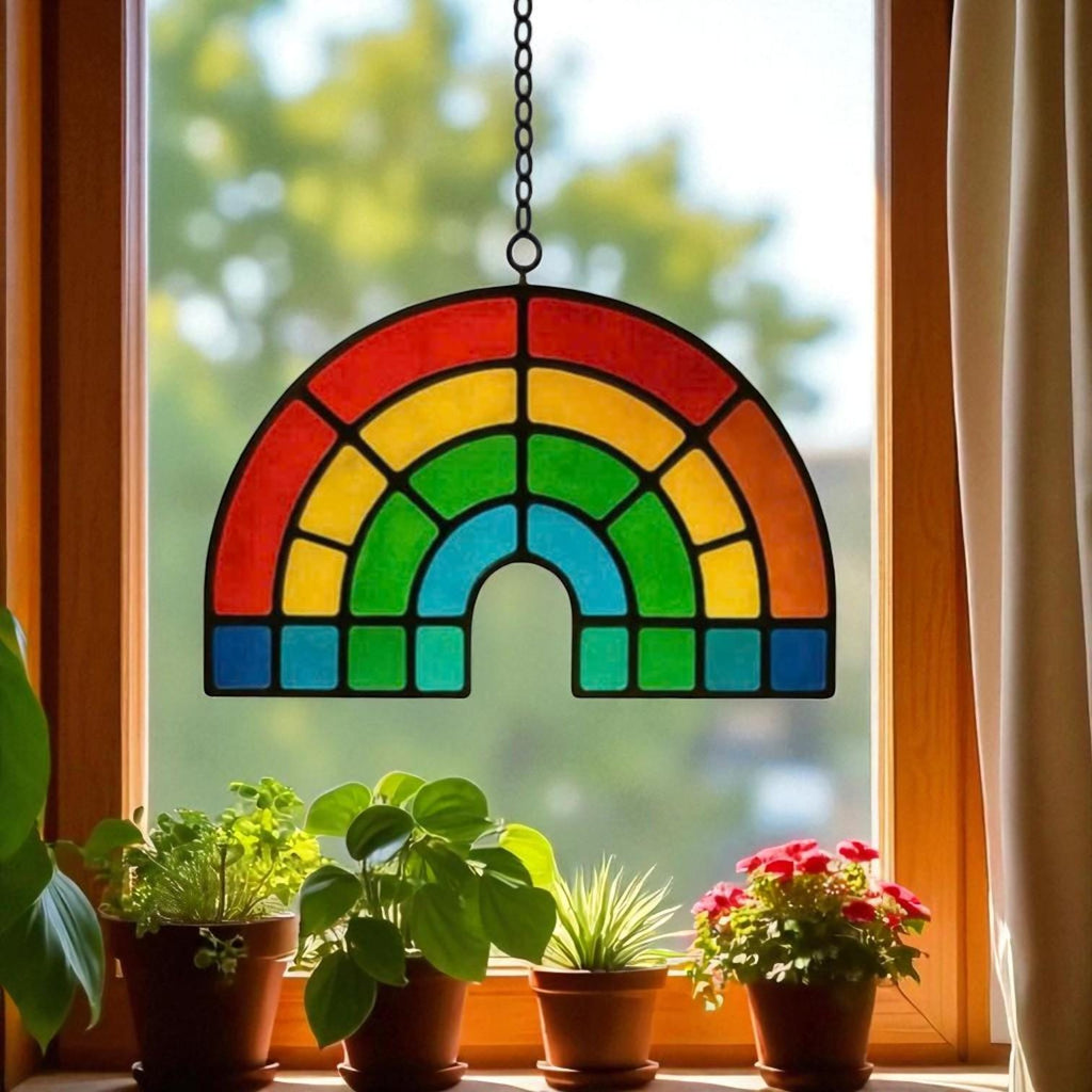 Rainbow Stained Glass Suncatcher – Handmade Colorful Window Hanging for Positive Energy & Pride Decor