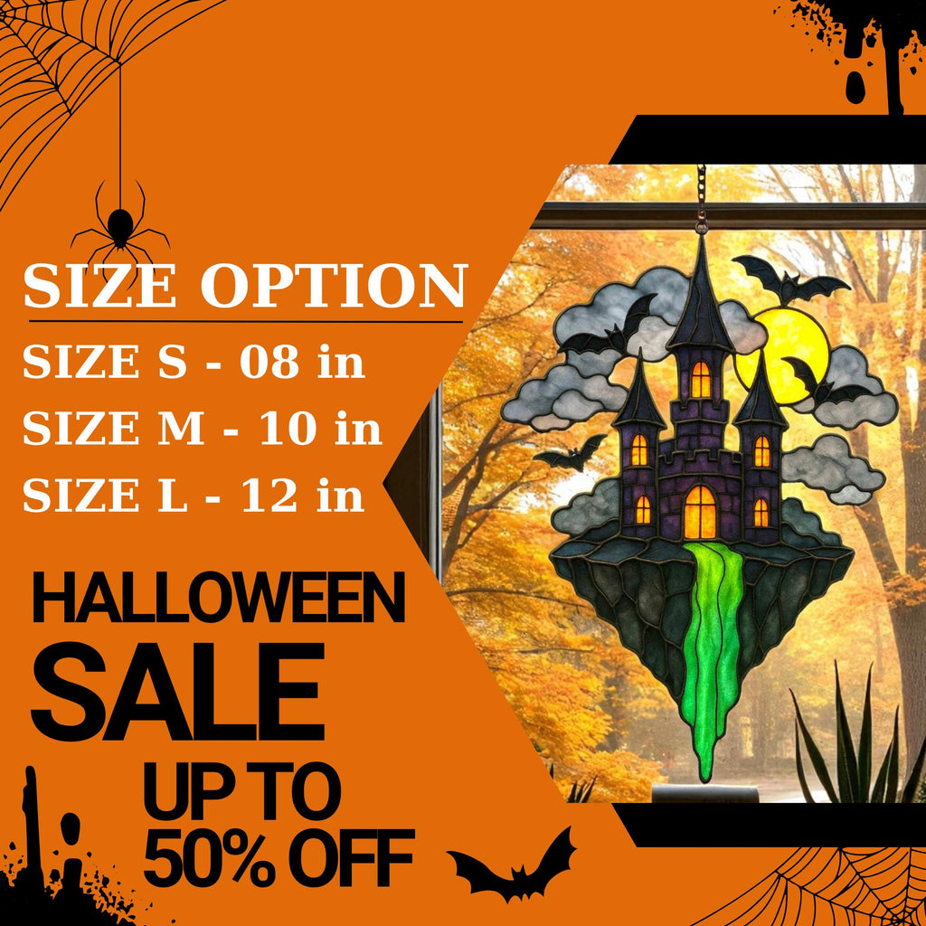 Halloween Stained Glass Castle Suncatcher: Spooky Haunted House Window Decor