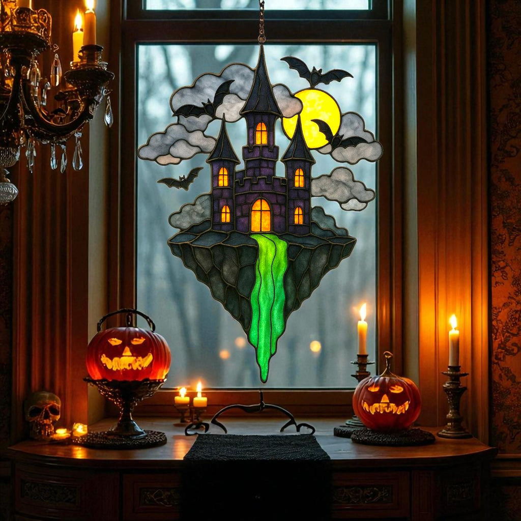 Halloween Stained Glass Castle Suncatcher: Spooky Haunted House Window Decor