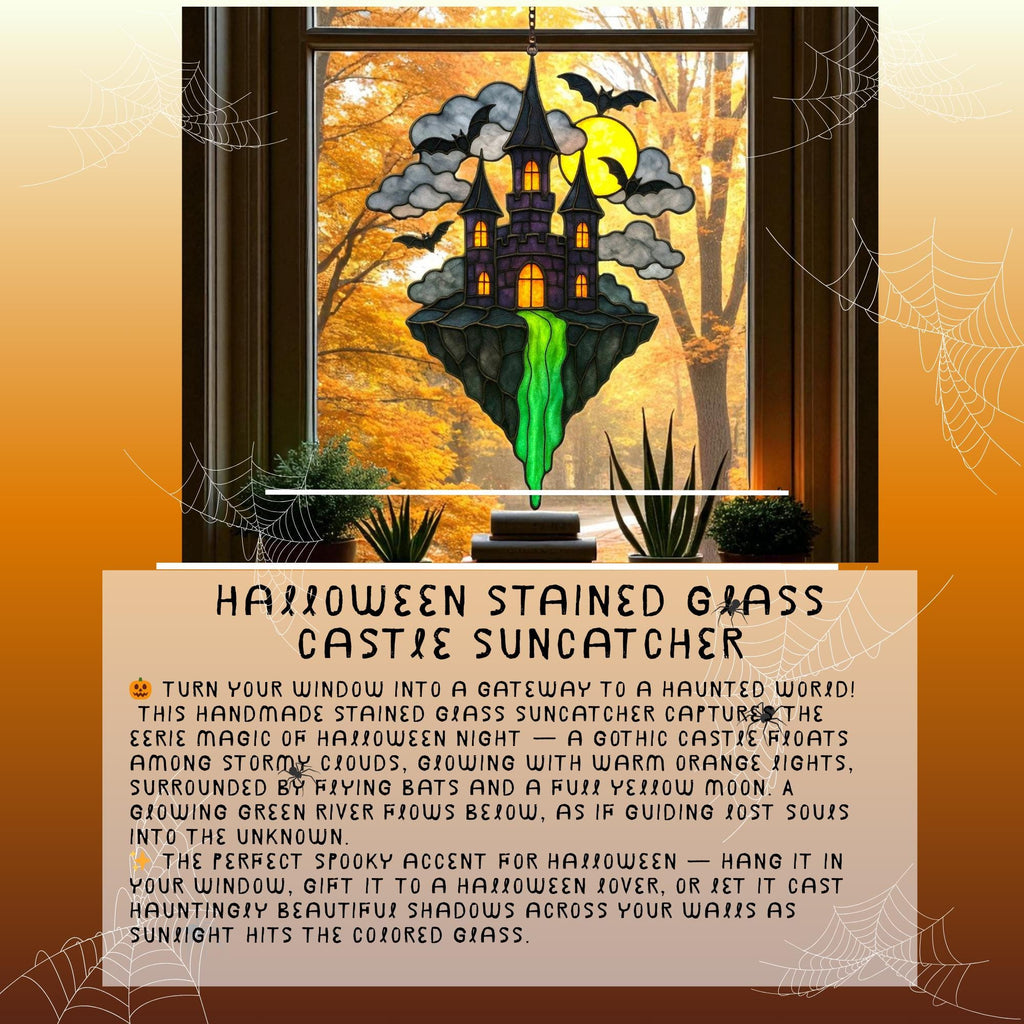 Halloween Stained Glass Castle Suncatcher: Spooky Haunted House Window Decor