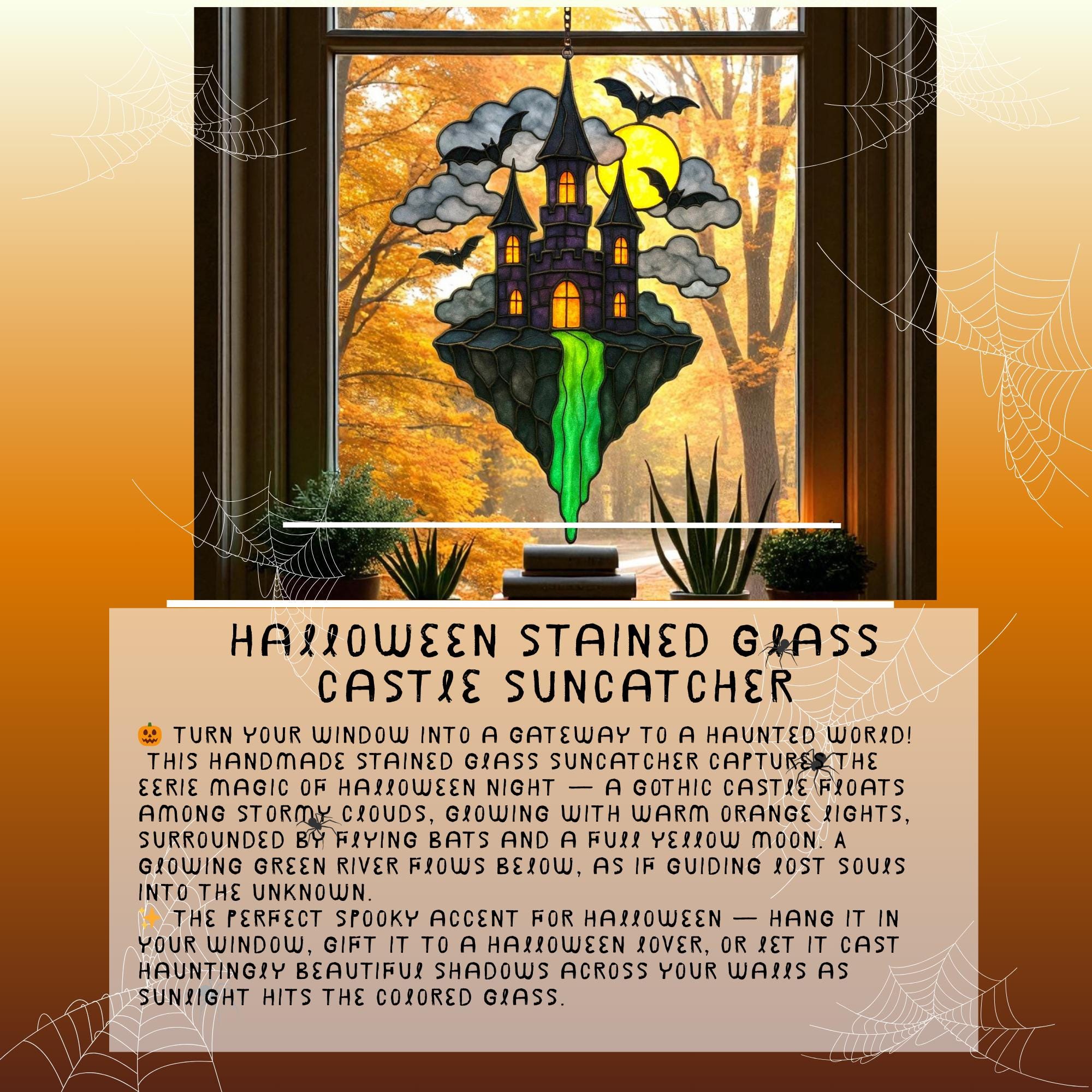 Halloween Stained Glass Castle Suncatcher: Spooky Haunted House Window Decor