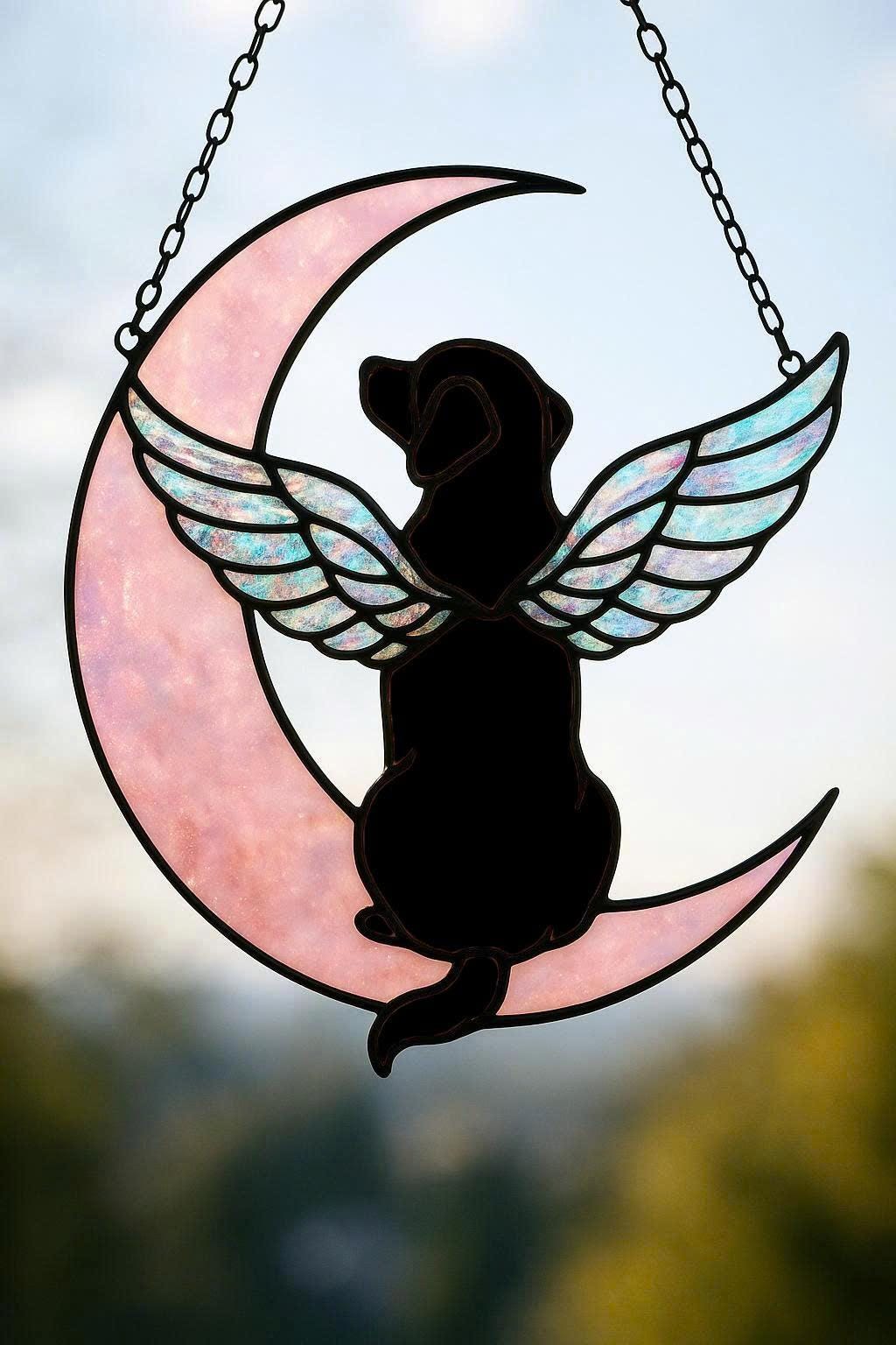 Custom Dog Memorial Gift, Stained Glass Angel Dog on Moon, Pet Loss Sympathy Gift, Rainbow Bridge Suncatcher, Personalized Dog Portrait