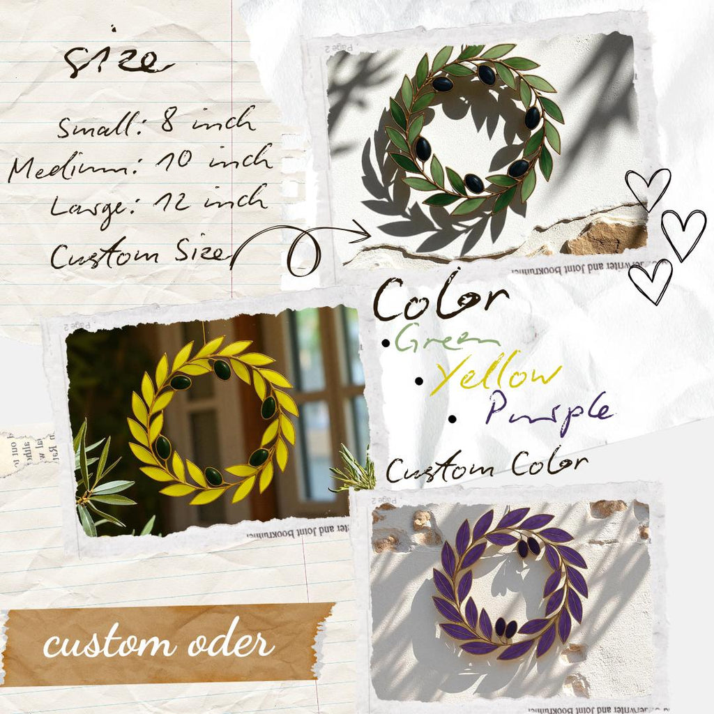 Stained Glass Olive Wreath Suncatcher – Handmade Laurel Branch Window Hanging – Mediterranean Wall Decor Gift