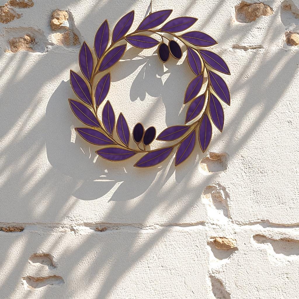 Stained Glass Olive Wreath Suncatcher – Handmade Laurel Branch Window Hanging – Mediterranean Wall Decor Gift
