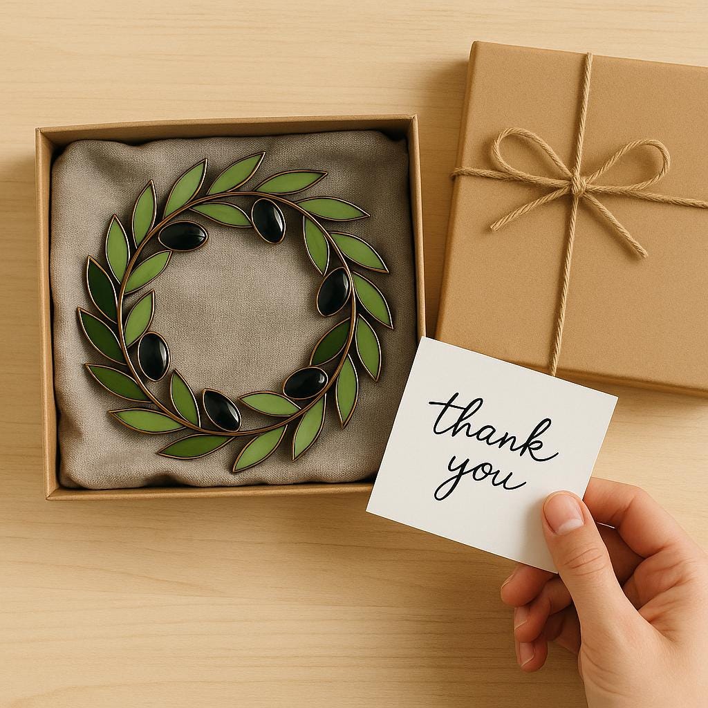 Stained Glass Olive Wreath Suncatcher – Handmade Laurel Branch Window Hanging – Mediterranean Wall Decor Gift