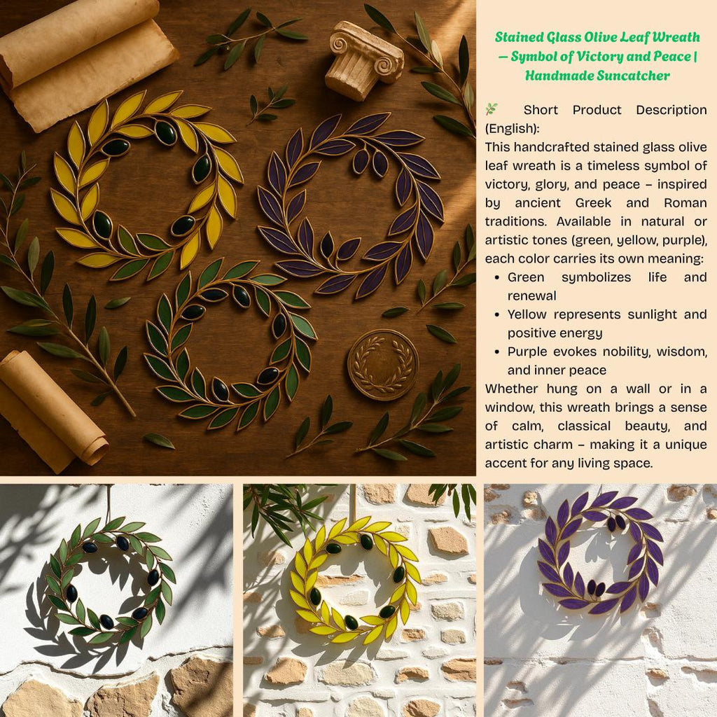 Stained Glass Olive Wreath Suncatcher – Handmade Laurel Branch Window Hanging – Mediterranean Wall Decor Gift