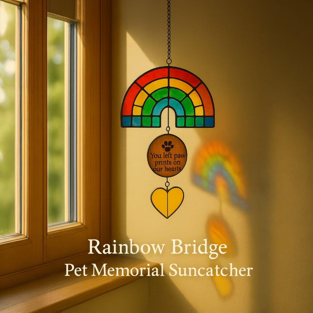 Rainbow Bridge Pet Memorial Suncatcher: Stained Glass Paw Prints Decor