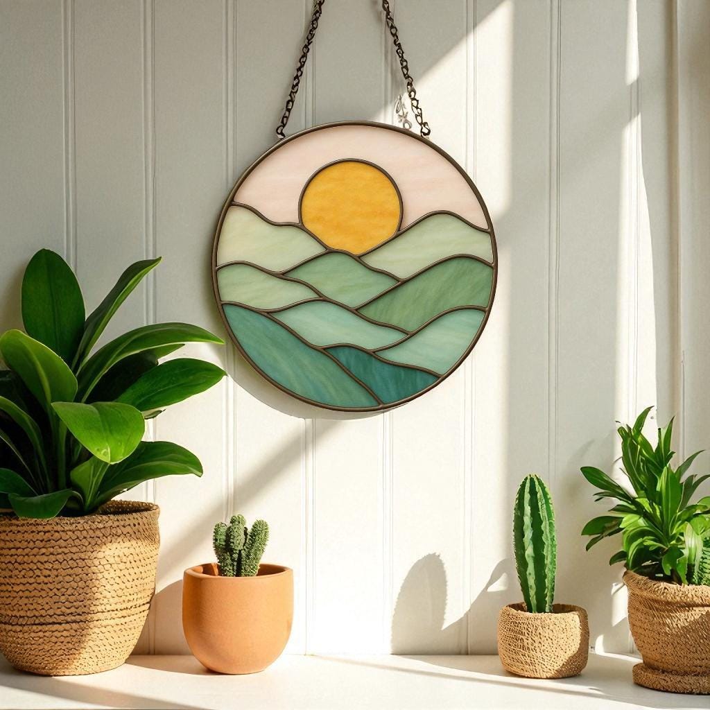 Stained Glass Sun and Mountain Suncatcher: Handmade Nature Art