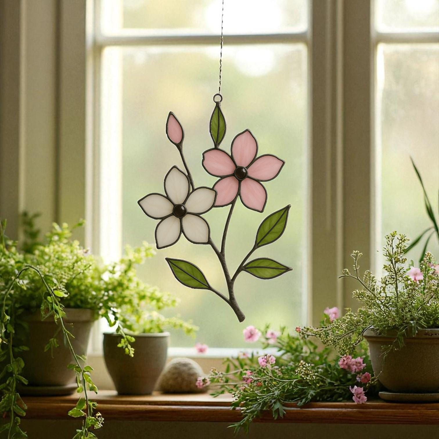 Cherry Blossom Stained Glass Suncatcher: Japandi Window Art
