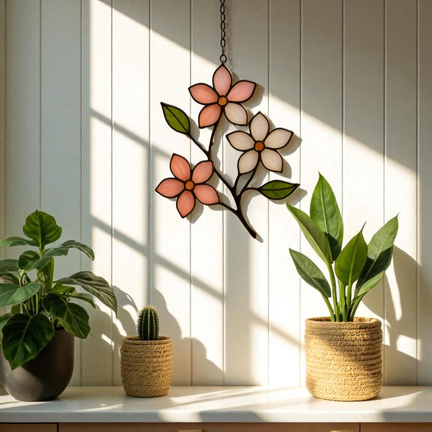 Cherry Blossom Stained Glass Suncatcher: Japandi Window Art