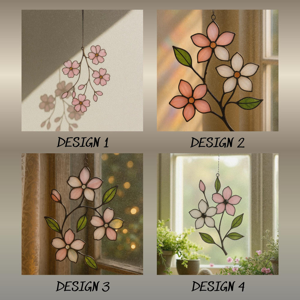 Cherry Blossom Stained Glass Suncatcher: Japandi Window Art
