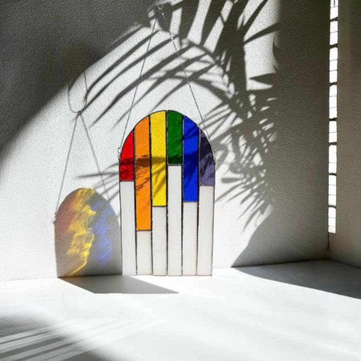 Arched Stained Glass Suncatcher: Rainbow Waves Window Decor