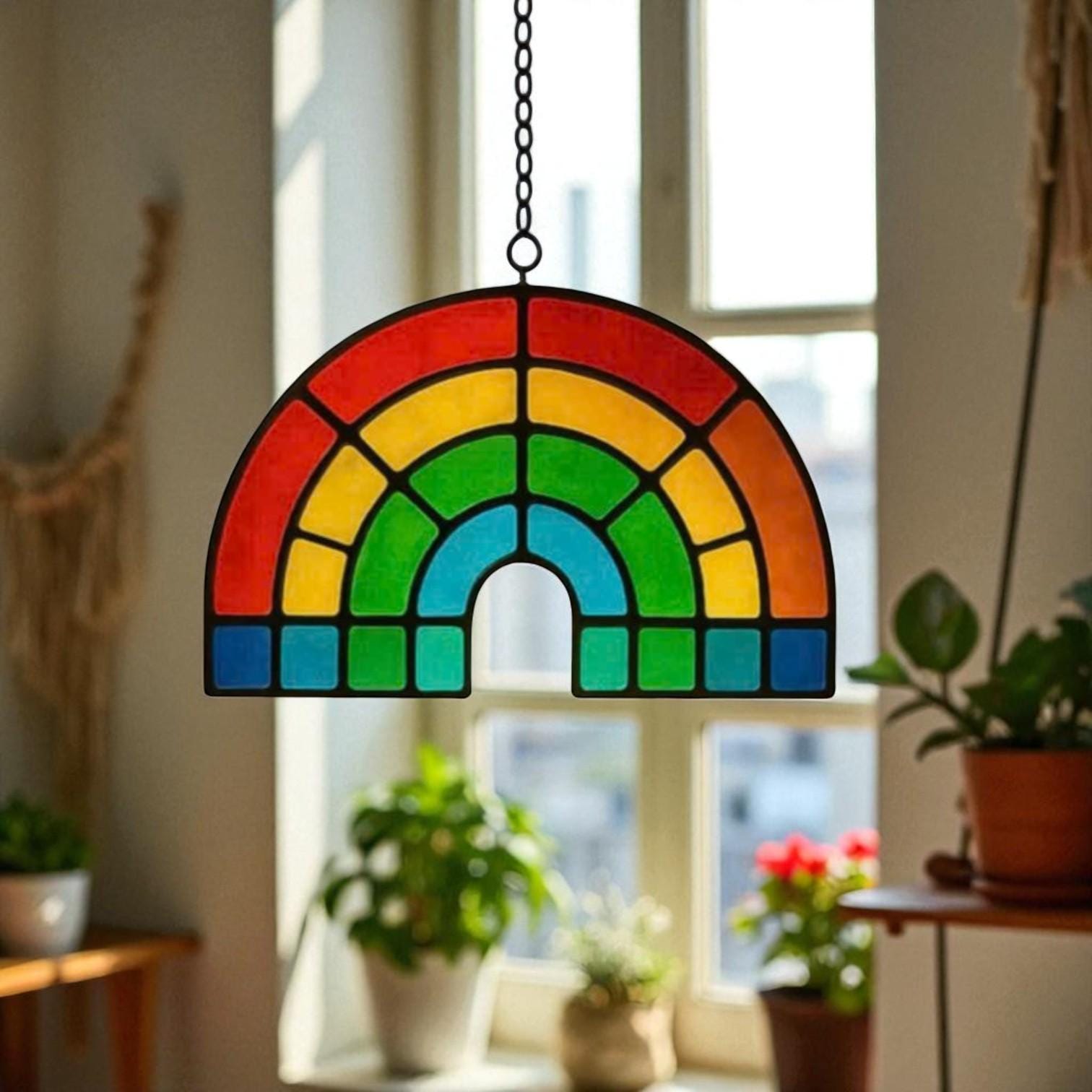 Rainbow Stained Glass Suncatcher – Handmade Colorful Window Hanging for Positive Energy & Pride Decor