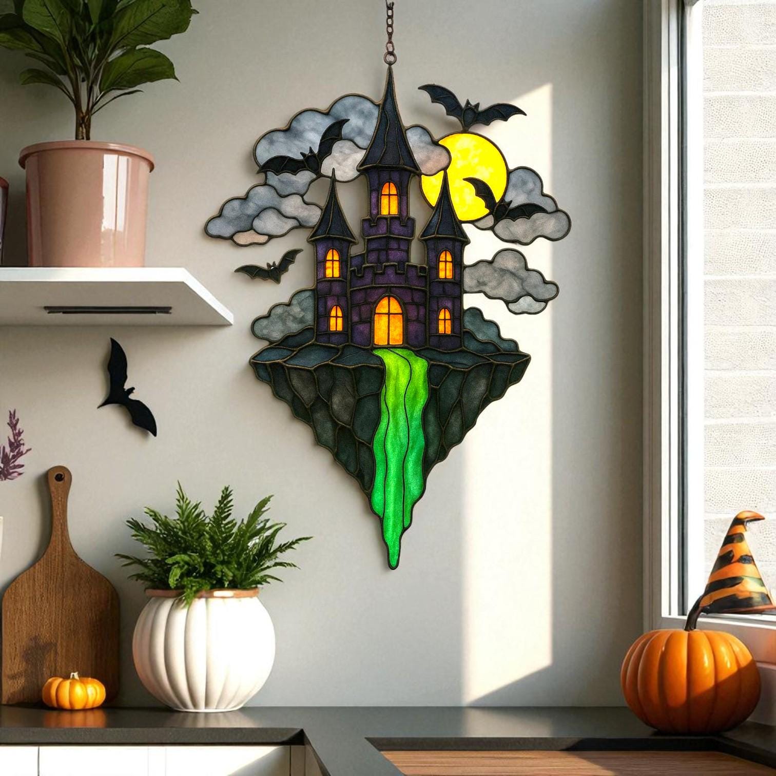Halloween Stained Glass Castle Suncatcher: Spooky Haunted House Window Decor