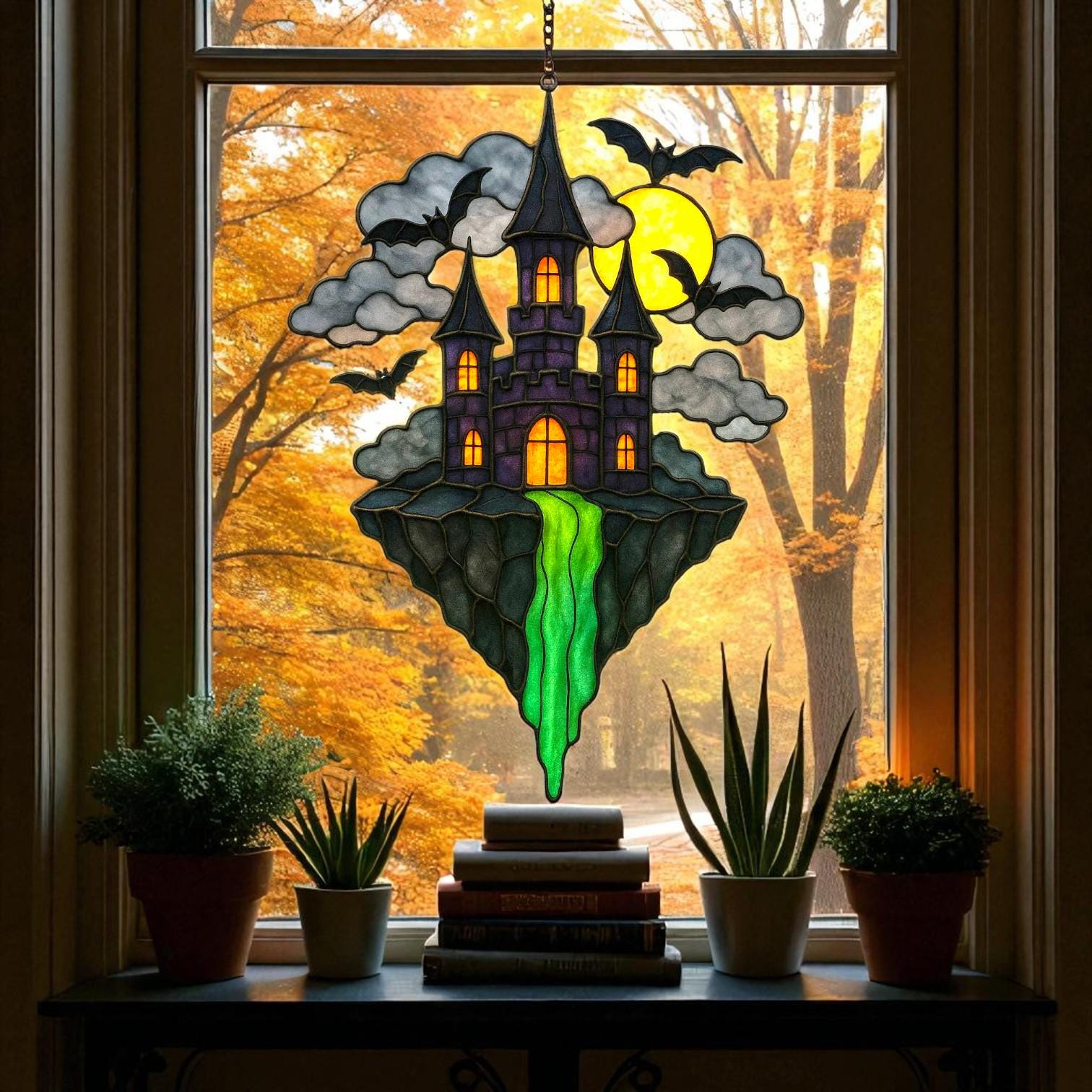 Halloween Stained Glass Castle Suncatcher: Spooky Haunted House Window Decor
