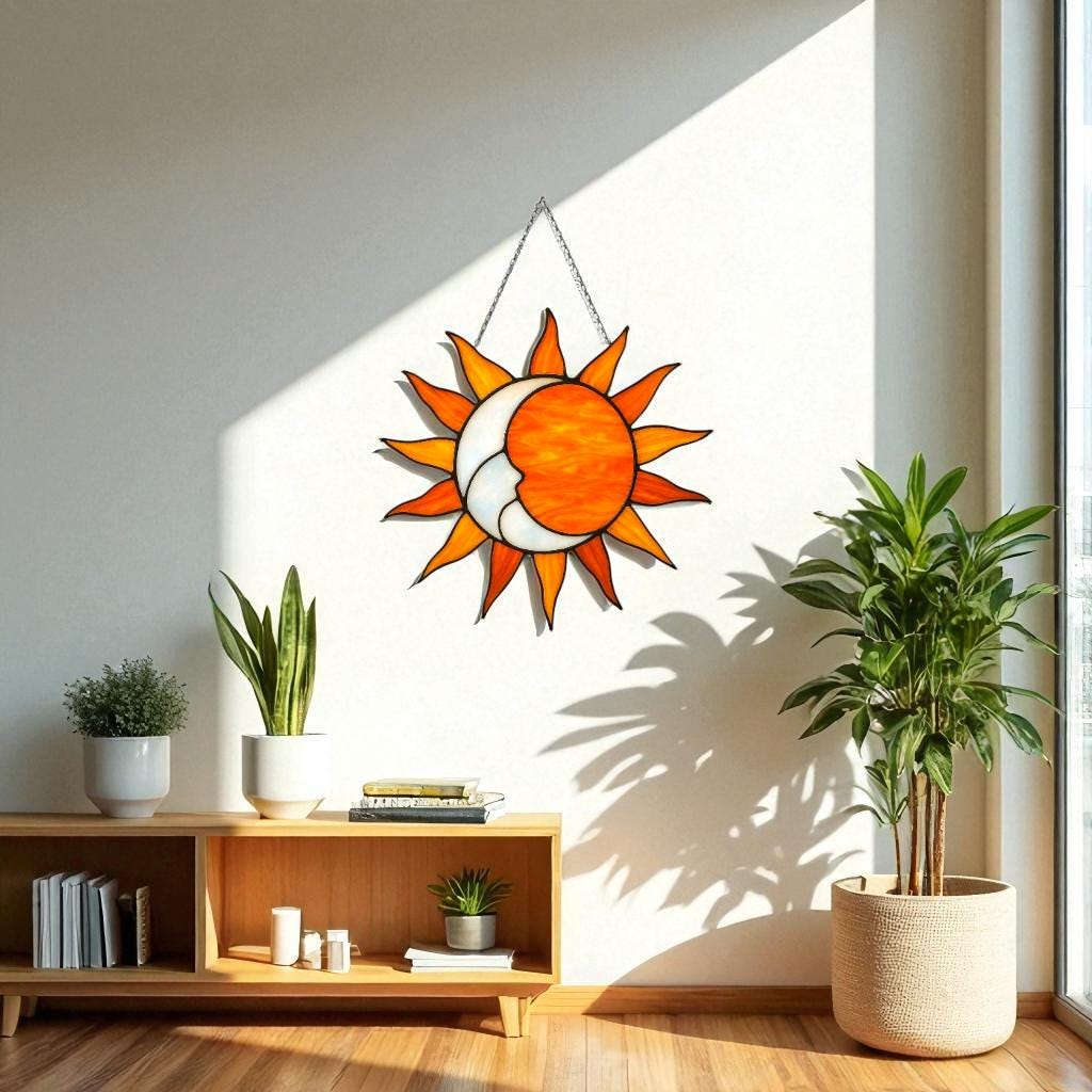 Stained Glass Sun Suncatcher with Beveled Center | Celestial Boho Window Decor | Rainbow Maker Prism Art | Sunshine Gift for Her
