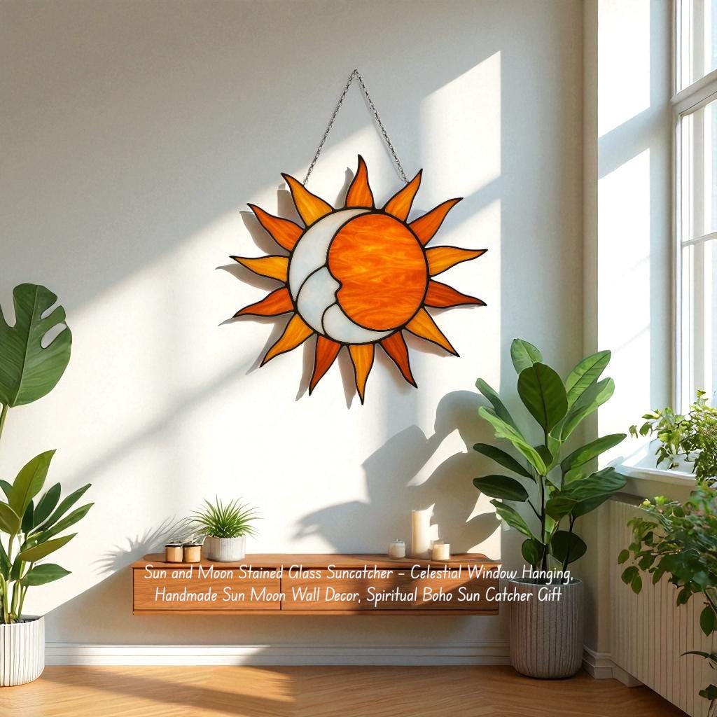 Stained Glass Sun Suncatcher with Beveled Center | Celestial Boho Window Decor | Rainbow Maker Prism Art | Sunshine Gift for Her
