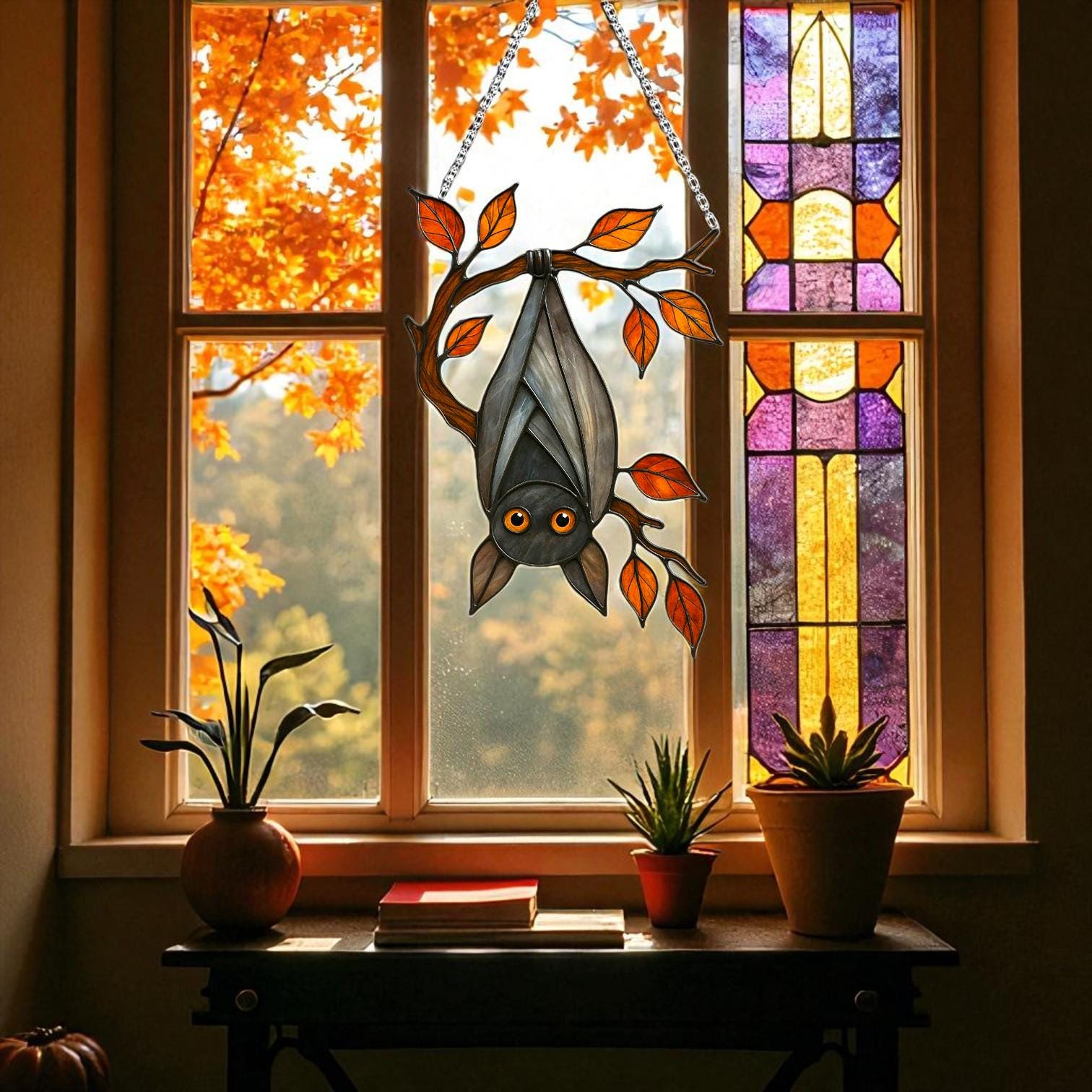 Stained Glass Bat Suncatcher: Halloween Gothic Window Decor