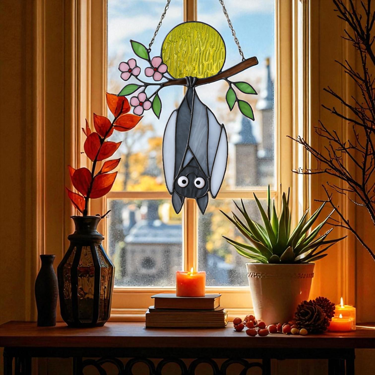 Stained Glass Bat Suncatcher: Halloween Gothic Window Decor