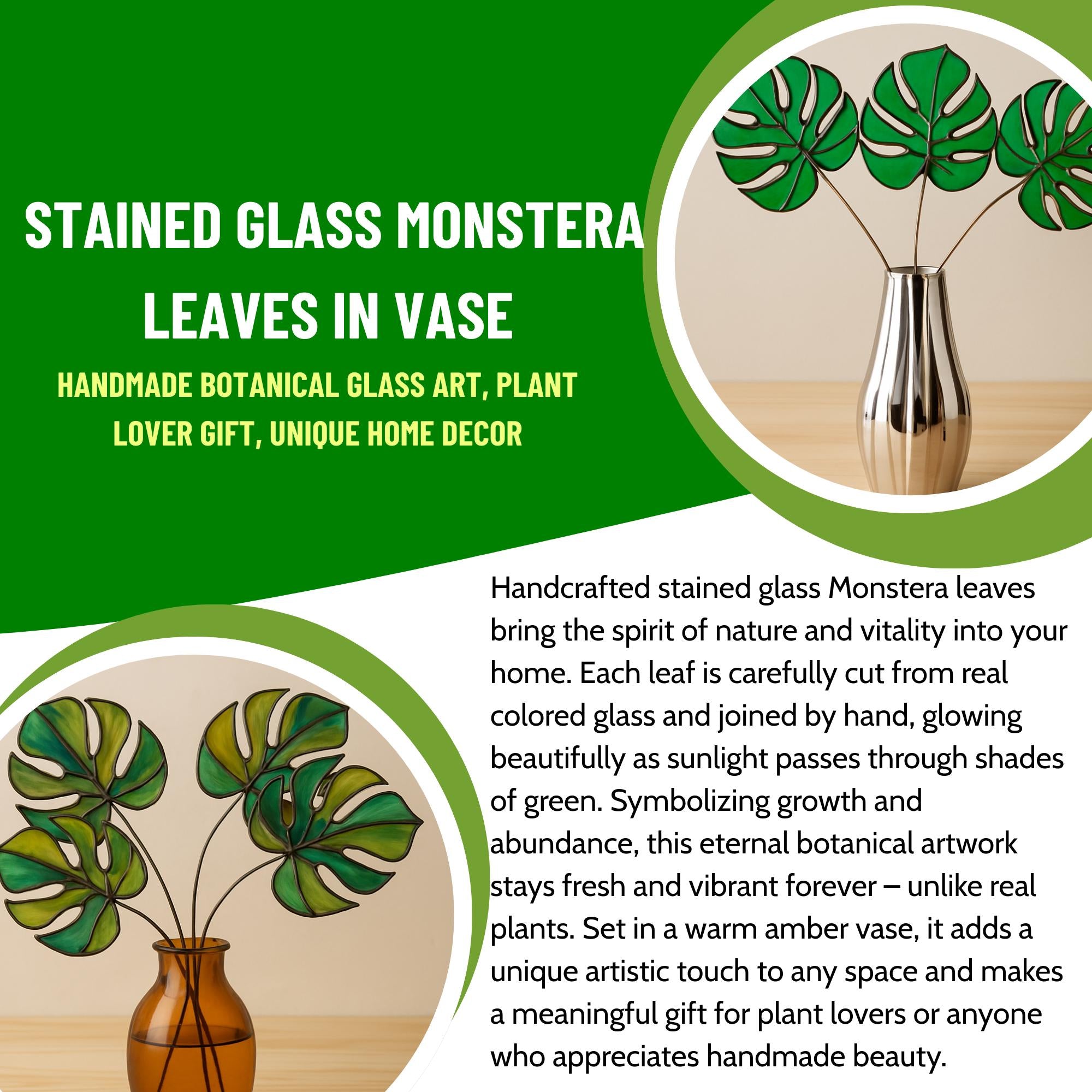 Monstera leaves 1 set of 3 - 5 stained glass decor,Home table desk plant decor- garden plant-Boho Decor gift,Gift for mom,Mothers day gift