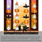 Handmade stained glass Halloween suncatcher featuring cute ghosts with witch hats and orange pumpkins, window hanging decoration