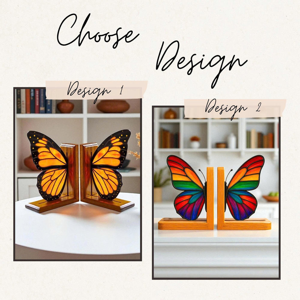 Handmade stained glass butterfly bookends with oak wood base, unique orange monarch wing design, decorative bookshelf decor and gift for book lovers.