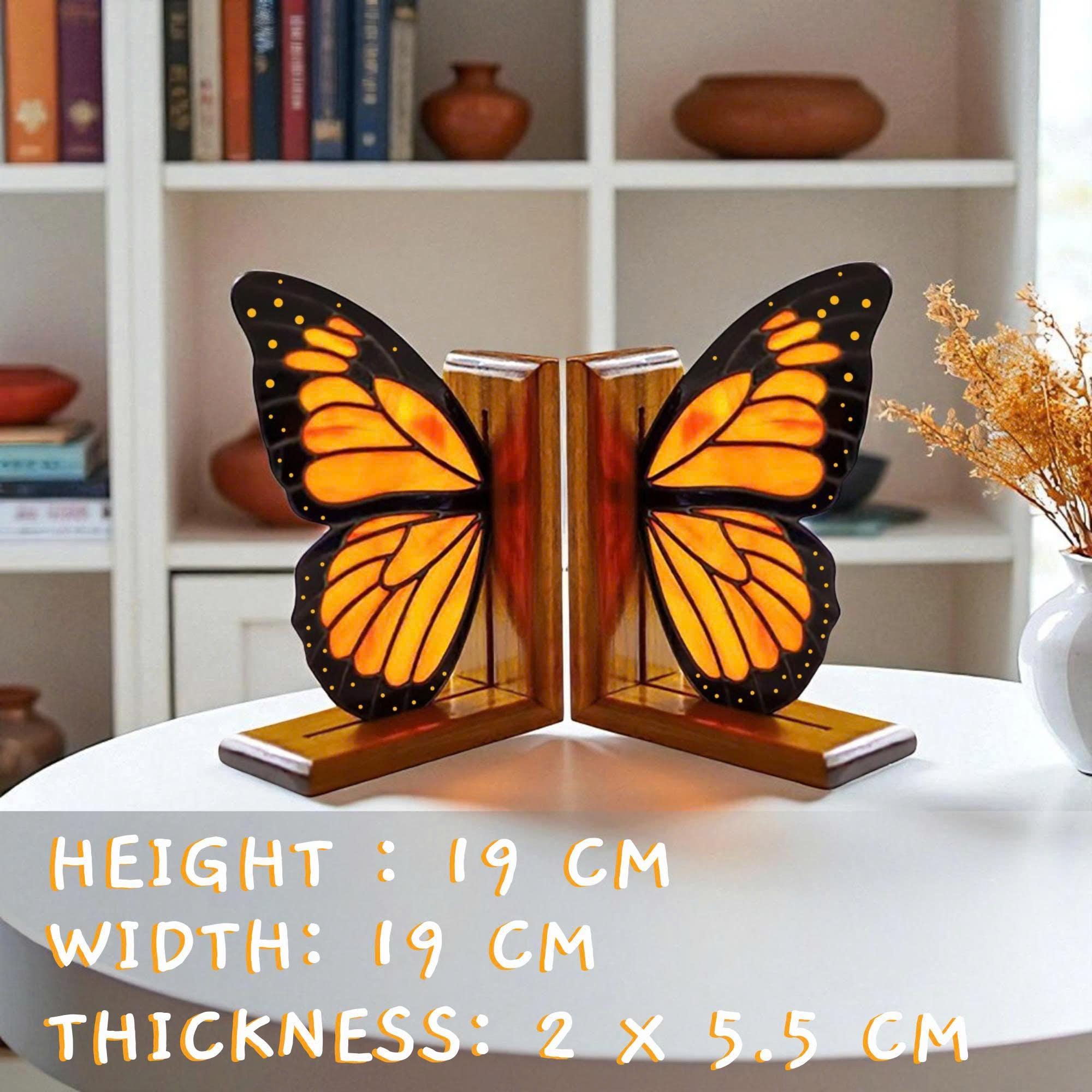 Handmade stained glass butterfly bookends with oak wood base, unique orange monarch wing design, decorative bookshelf decor and gift for book lovers.