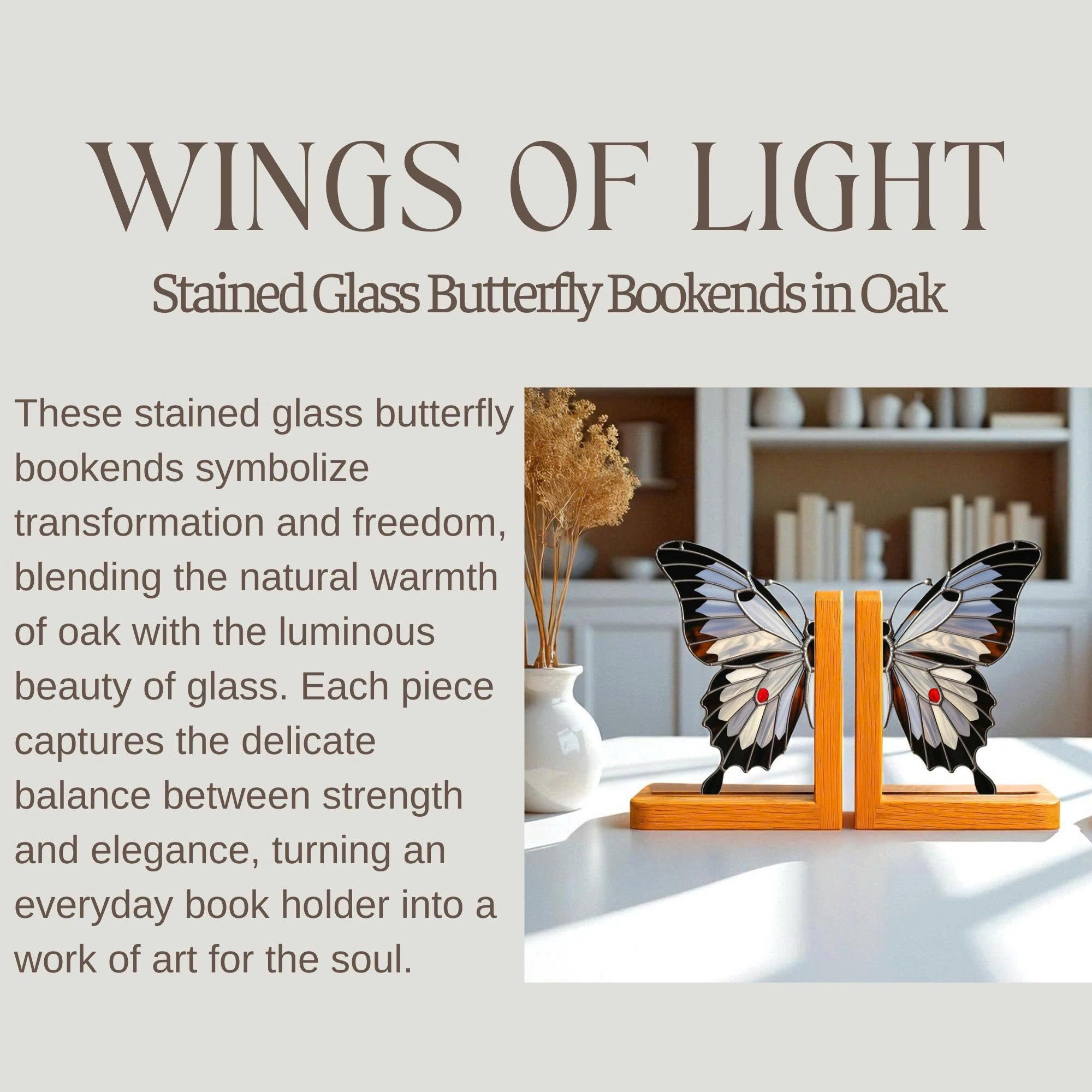 Stained Glass Butterfly Bookends: Gothic Halloween Decor, Oak Wood Base