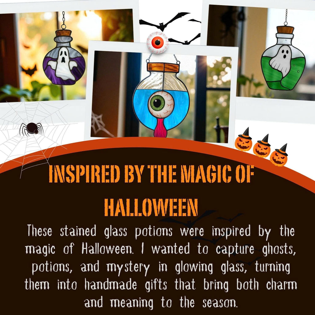 Halloween stained glass ghost potion bottle in purple glass, shown with standard dimensions for handmade suncatcher window hanging.