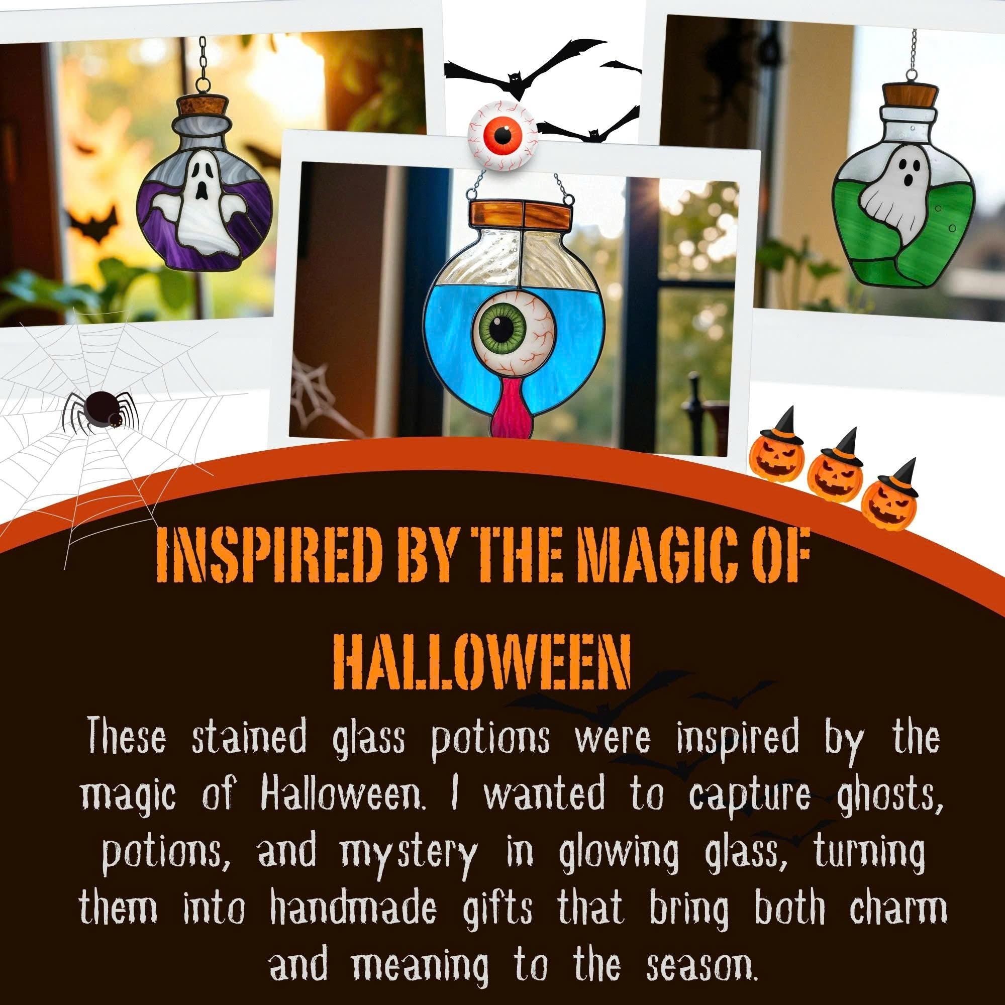 Halloween stained glass ghost potion bottle in purple glass, shown with standard dimensions for handmade suncatcher window hanging.