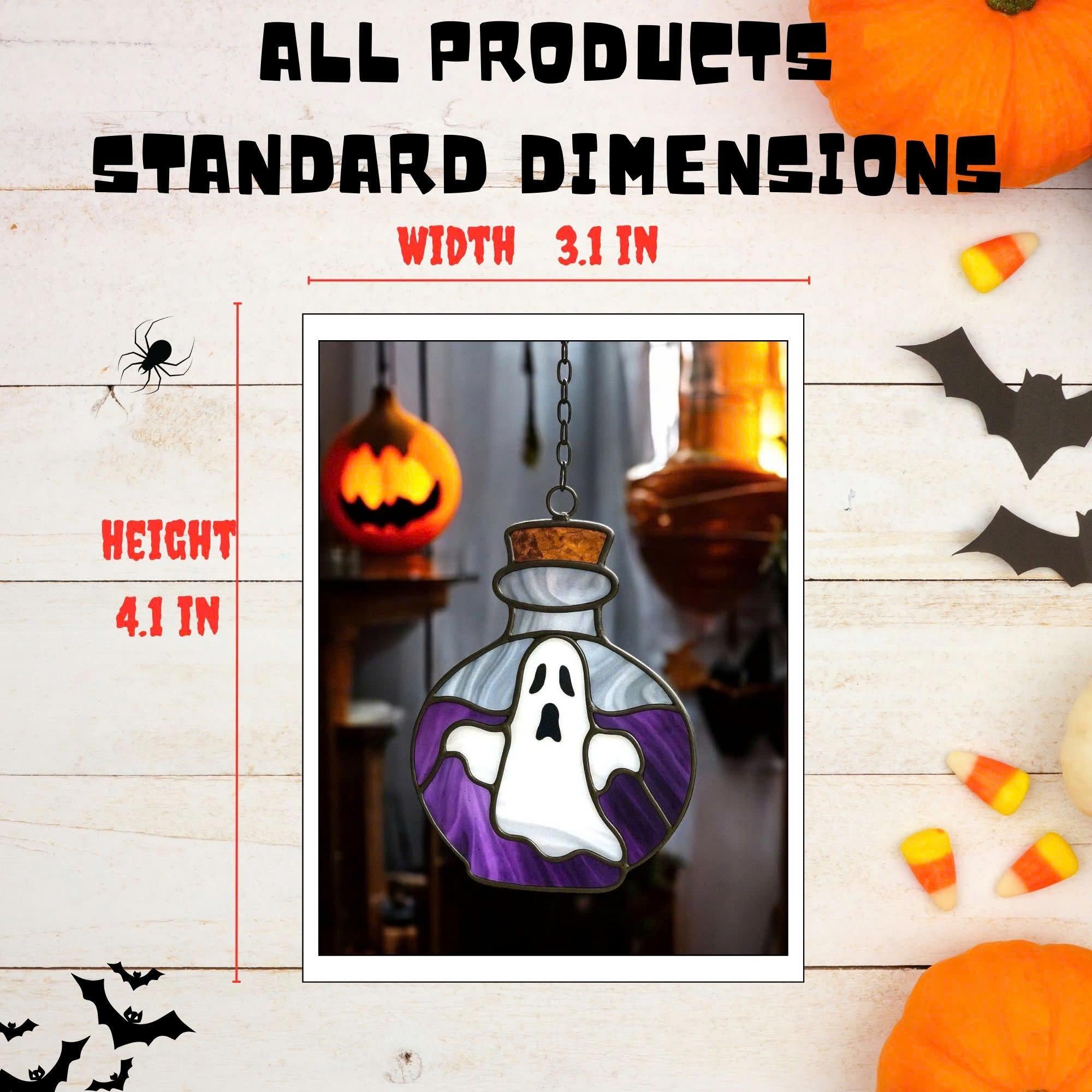 Green stained glass potion bottle with white ghost, handcrafted Halloween window decoration with copper cork, perfect spooky home accent.