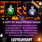 Set of Halloween stained glass potion bottles including ghost and eyeball designs, displayed as magical handmade gifts for spooky season.