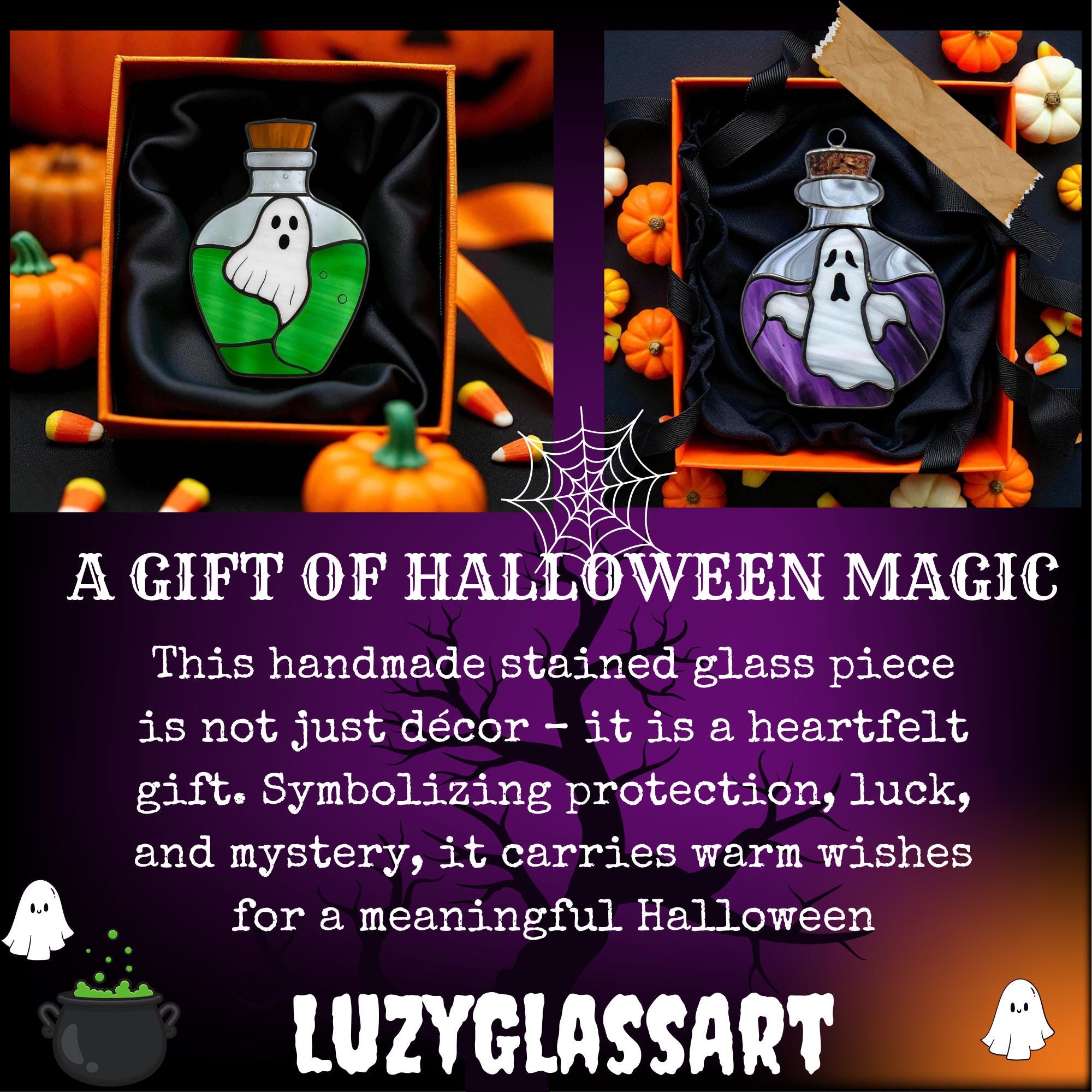 Set of Halloween stained glass potion bottles including ghost and eyeball designs, displayed as magical handmade gifts for spooky season.
