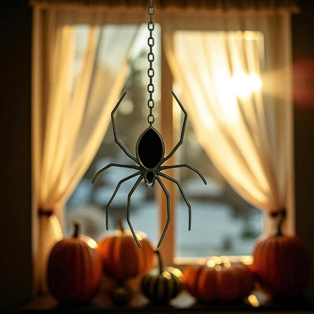 Handmade stained glass spider suncatcher hanging on a chain in front of a window with pumpkins and warm sunset light in the background, perfect gothic Halloween decoration.