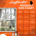 Product size chart for stained glass spider web suncatchers, showing names, dimensions in inches, and short descriptions with Halloween-themed graphics and ghost icons.