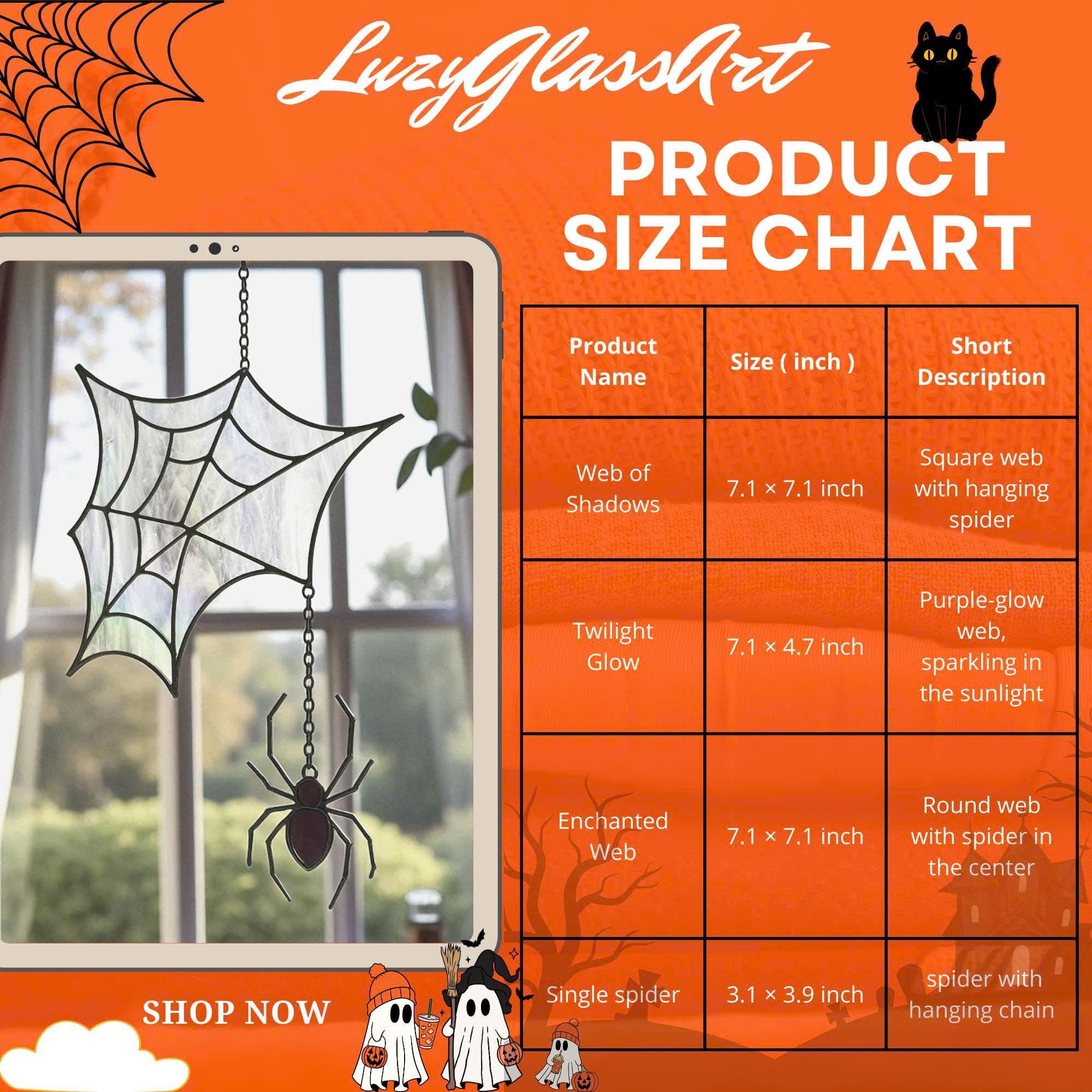 Product size chart for stained glass spider web suncatchers, showing names, dimensions in inches, and short descriptions with Halloween-themed graphics and ghost icons.