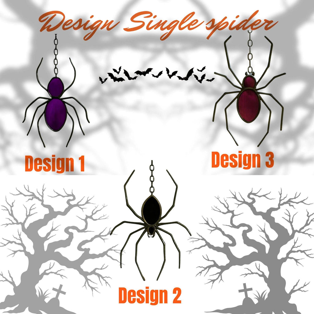 Comparison image showing three stained glass spider designs in different colors – purple, black, and red – each hanging on chains, displayed on spooky Halloween background.