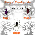 Comparison image showing three stained glass spider designs in different colors – purple, black, and red – each hanging on chains, displayed on spooky Halloween background.