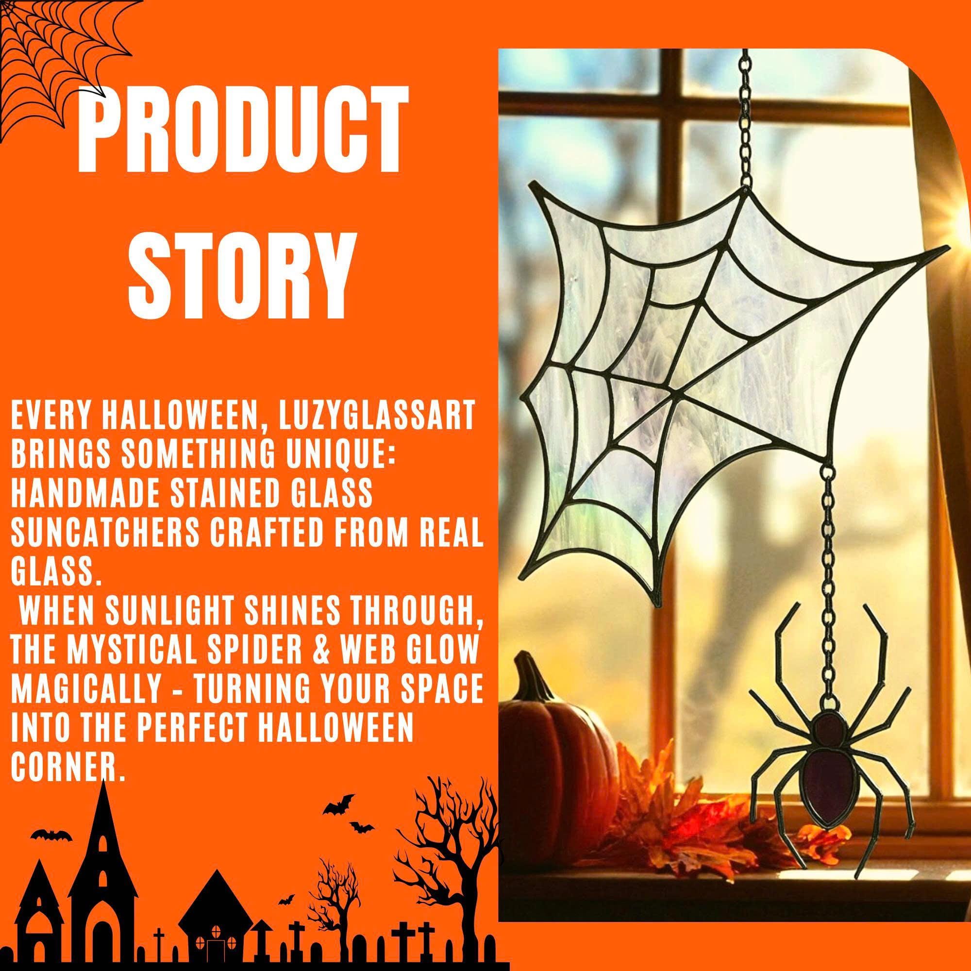 Product story graphic featuring stained glass spider web suncatcher glowing in sunlight by the window, surrounded by pumpkins, highlighting handmade Halloween design.